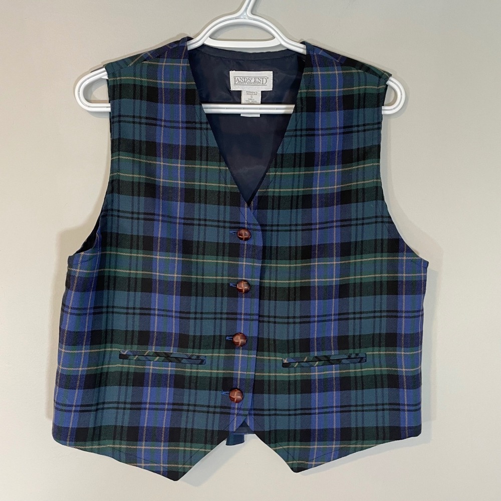 Lands End Womens VTG Wool Plaid Vest Blue Green Tartan Small Academia Cinch Back